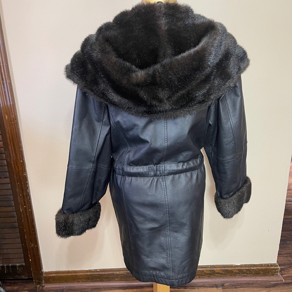 G III Leather Fur Trim Hooded Coat Jacket Black Belted Women's Size S - Picture 4 of 12